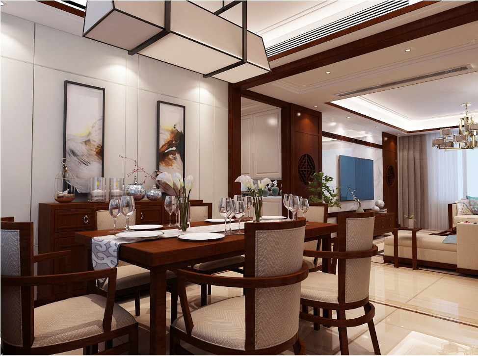 客厅与餐厅整体的空间划分，有顶面与地面的相呼应统一划分区域。